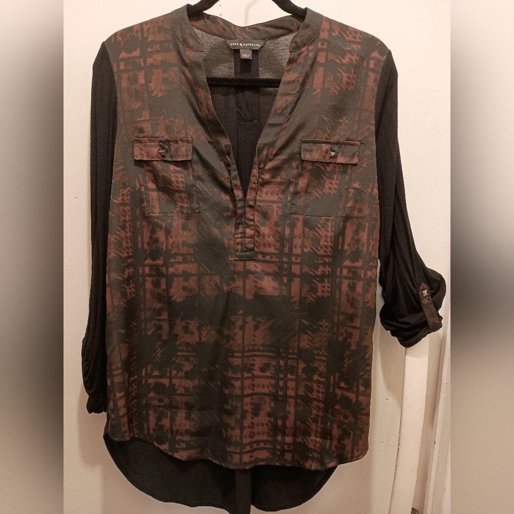 Rock & Republic, Black and Brown Plaid Blouse. Size Large